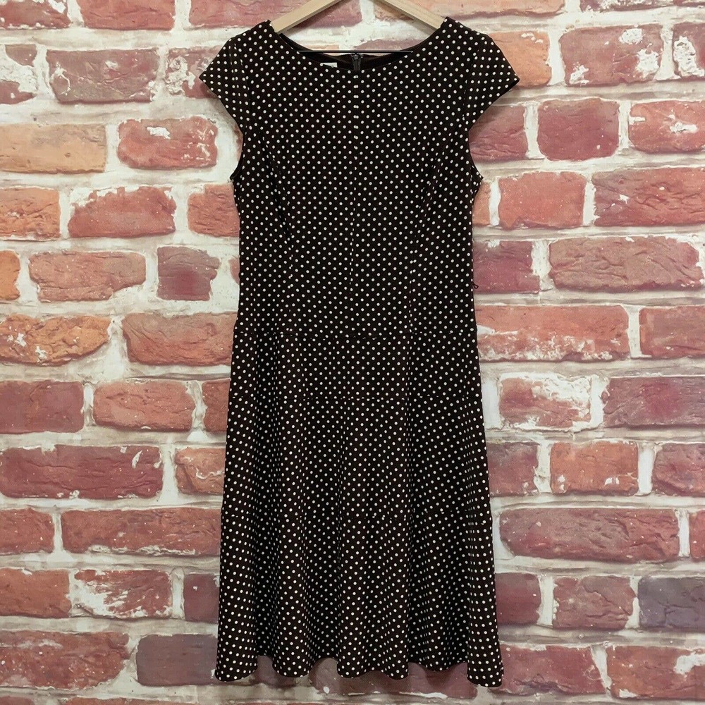 Anne Klein Dress Size 10 Women's Brown Polka Dot Stretchy Career Casual Zip Up